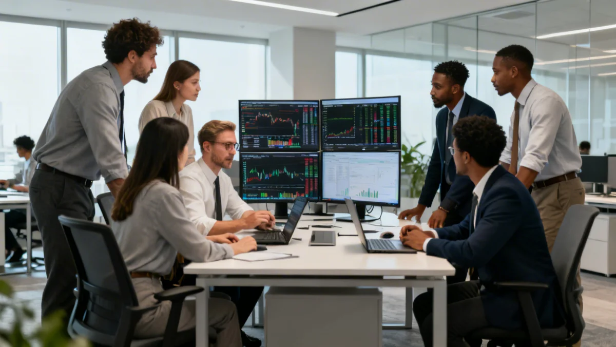 Profissionais do mercado financeiro analisando dados e discutindo estratégias em um ambiente moderno, simbolizando a adaptação às novas regulações.