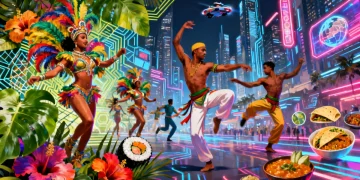 Fusão cultural vibrante com elementos brasileiros e globais, simbolizando a globalização na cultura do Brasil em 2026.