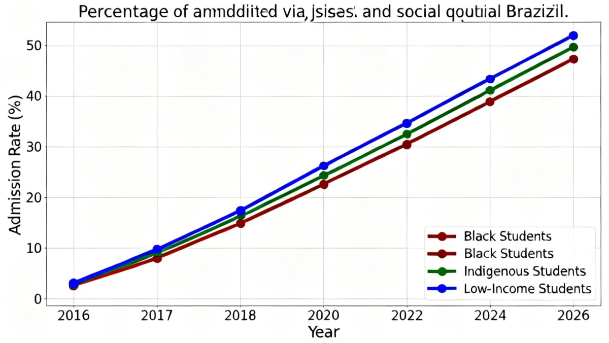 Gráfico mostrando a evolução da porcentagem de estudantes cotistas em universidades públicas brasileiras, destacando o crescimento até 2026.