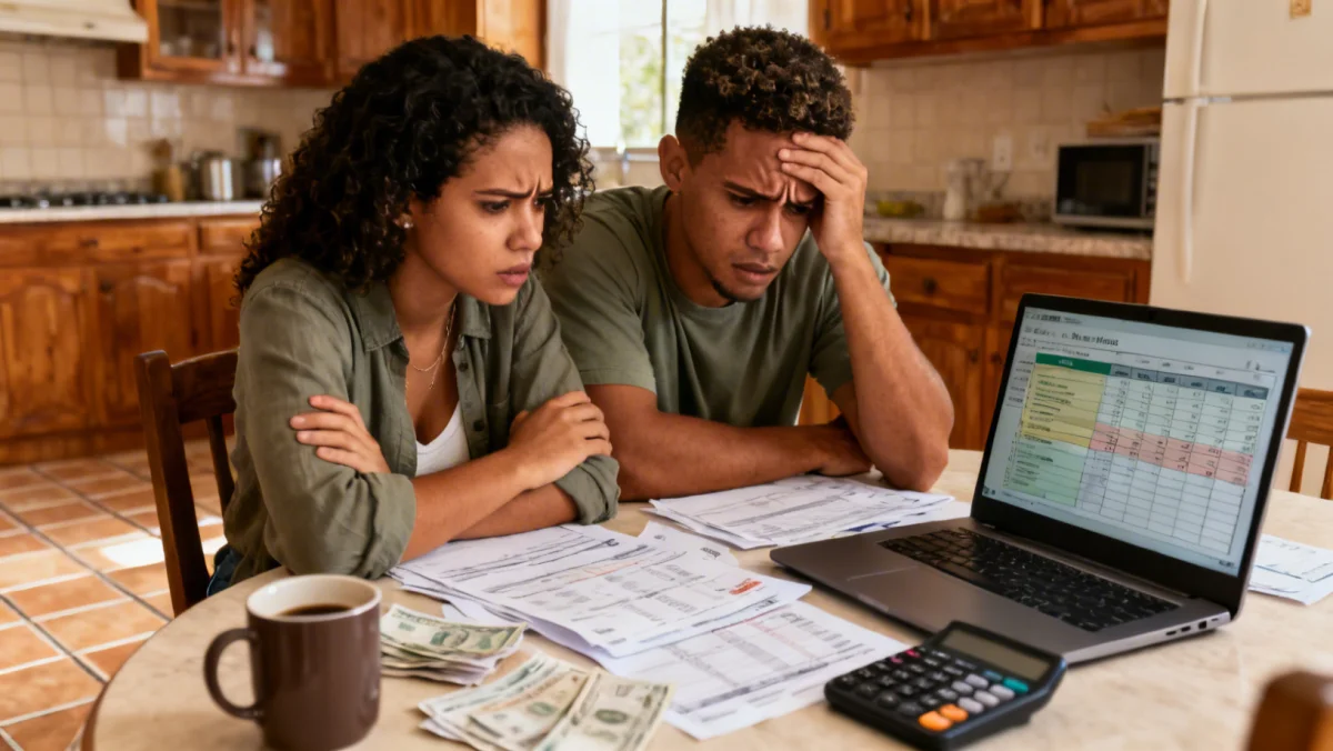 Casal brasileiro preocupado analisando contas e planejamento financeiro doméstico.