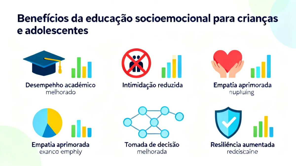 Infográfico detalhado ilustrando os múltiplos benefícios da educação socioemocional, incluindo melhor desempenho acadêmico, redução do bullying e aumento da resiliência em jovens.