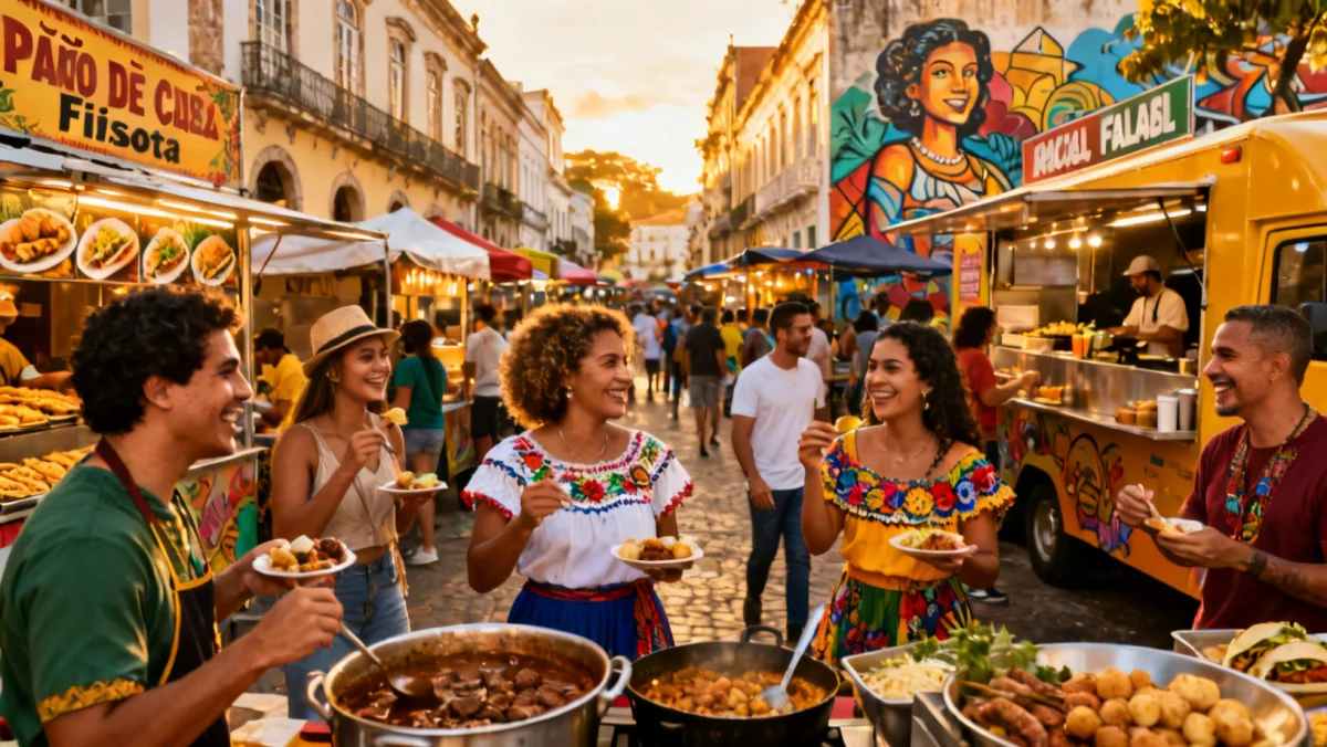 Mercado de rua vibrante no Brasil, com fusão de culinária brasileira e internacional, refletindo tendências de globalização.
