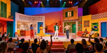 Palco de teatro brasileiro com atores em cena, luzes vibrantes e público engajado, simbolizando a renovação e a tradição em 2026.