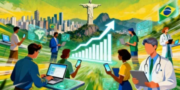 Profissionais diversos e elementos tecnológicos simbolizando o crescimento do setor de serviços brasileiro até 2026.