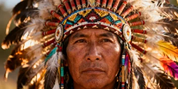 Um cocar indígena vibrante com penas coloridas e miçangas, representando a riqueza da arte tradicional.
