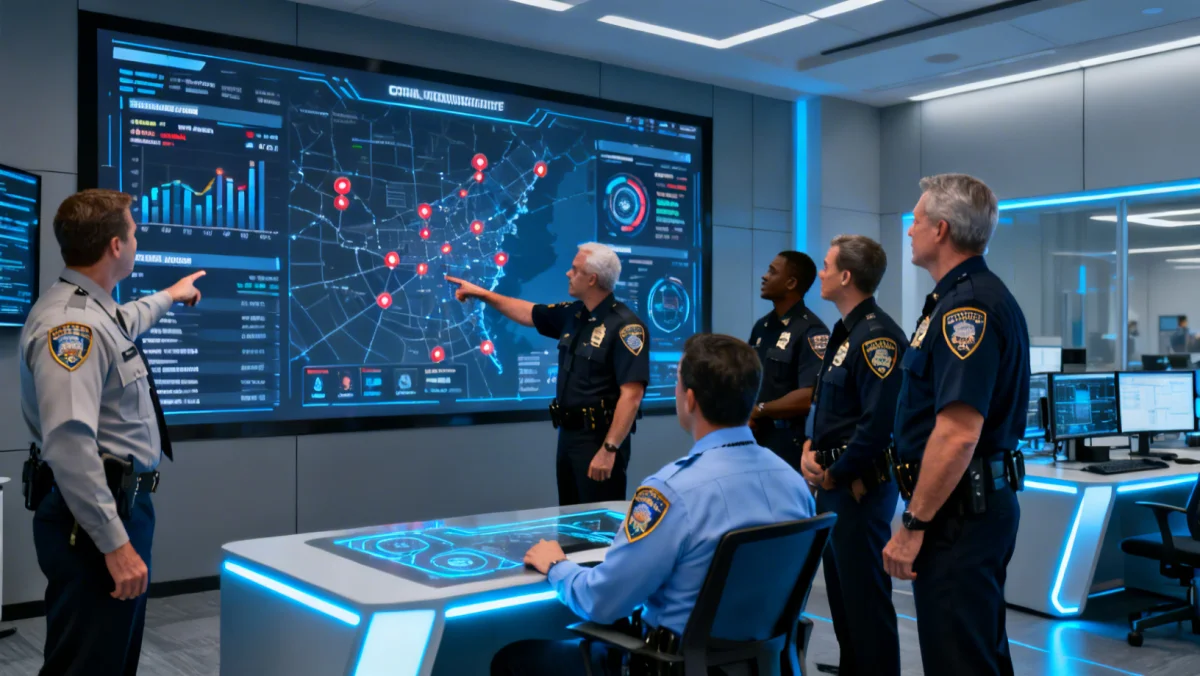 Oficiais de diferentes agências de segurança colaborando em um centro de comando moderno, analisando dados criminais.