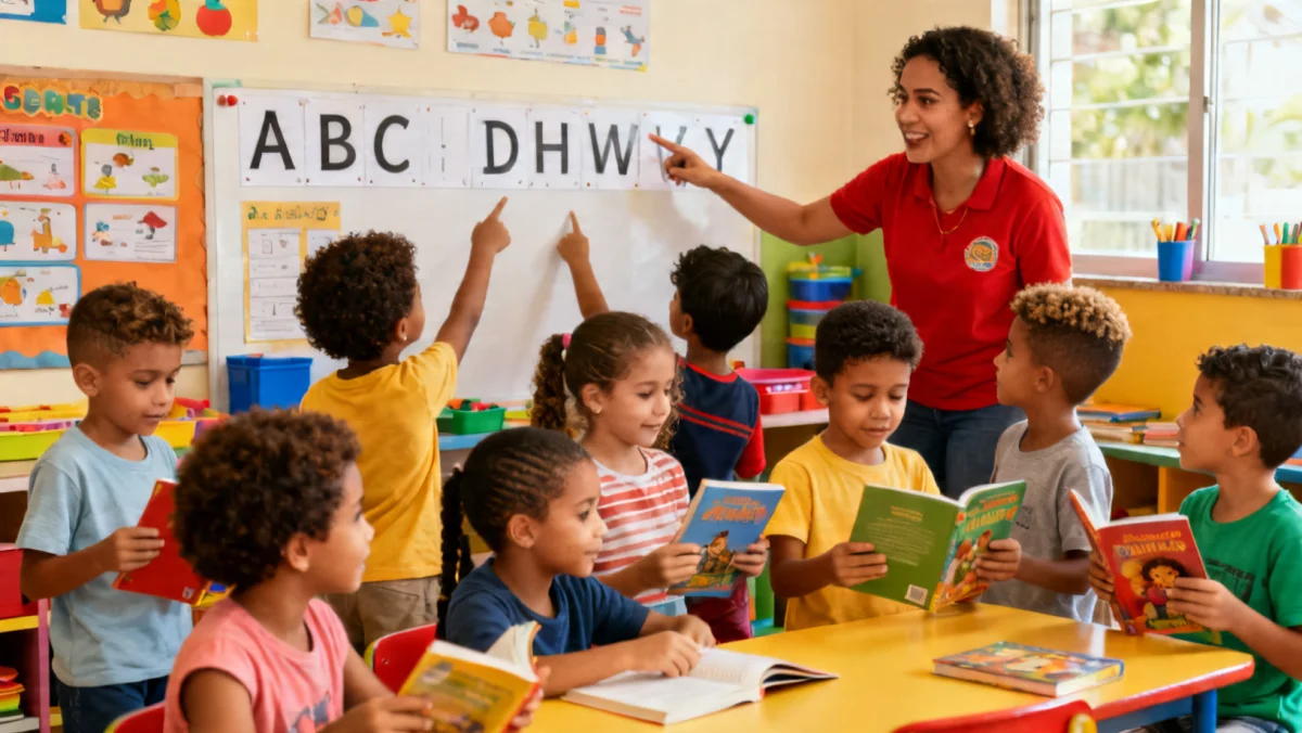Crianças em sala de aula participando de atividade de alfabetização com a professora.