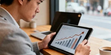 Empreendedor examinando gráficos financeiros no tablet, simbolizando as novas regras do Simples Nacional 2026.