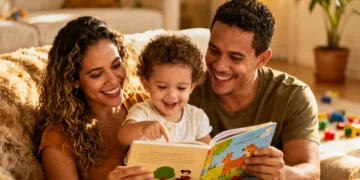 Família brasileira lendo um livro infantil juntos em casa, promovendo a alfabetização.