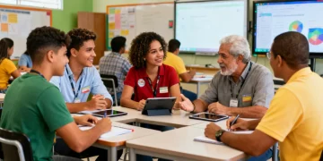 Professores brasileiros em workshop de formação contínua, discutindo metodologias inovadoras para o ensino básico.