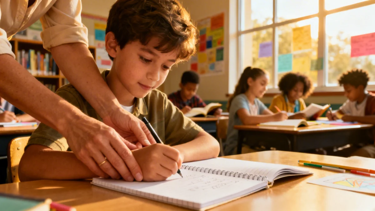 Mãos de professor guiando aluno durante atividade de escrita, simbolizando o impacto direto da formação na aprendizagem.