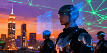 Visão futurista de segurança pública com tecnologia avançada e policiamento integrado em cidade brasileira