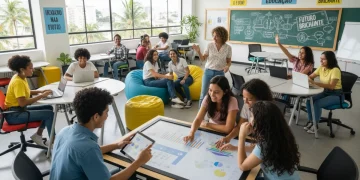 Alunos brasileiros do ensino médio engajados em atividades em uma sala de aula moderna, representando a Reforma de 2026.
