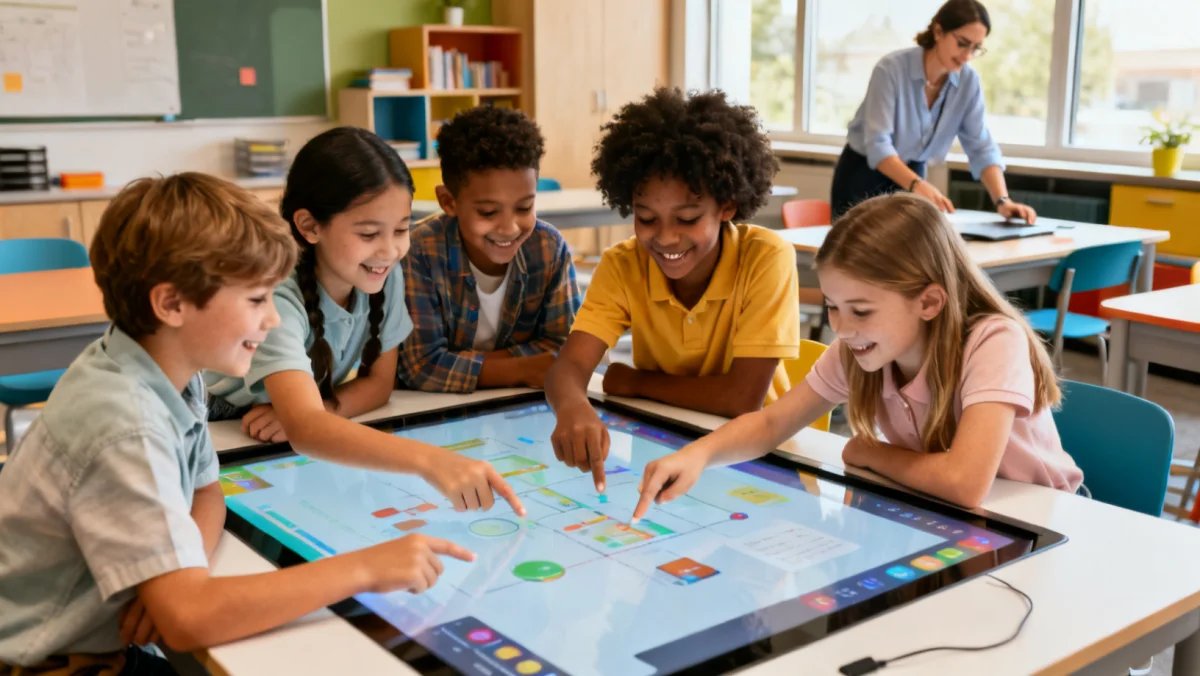 Alunos do ensino fundamental colaborando em projeto digital em mesa interativa, utilizando ferramentas educacionais.