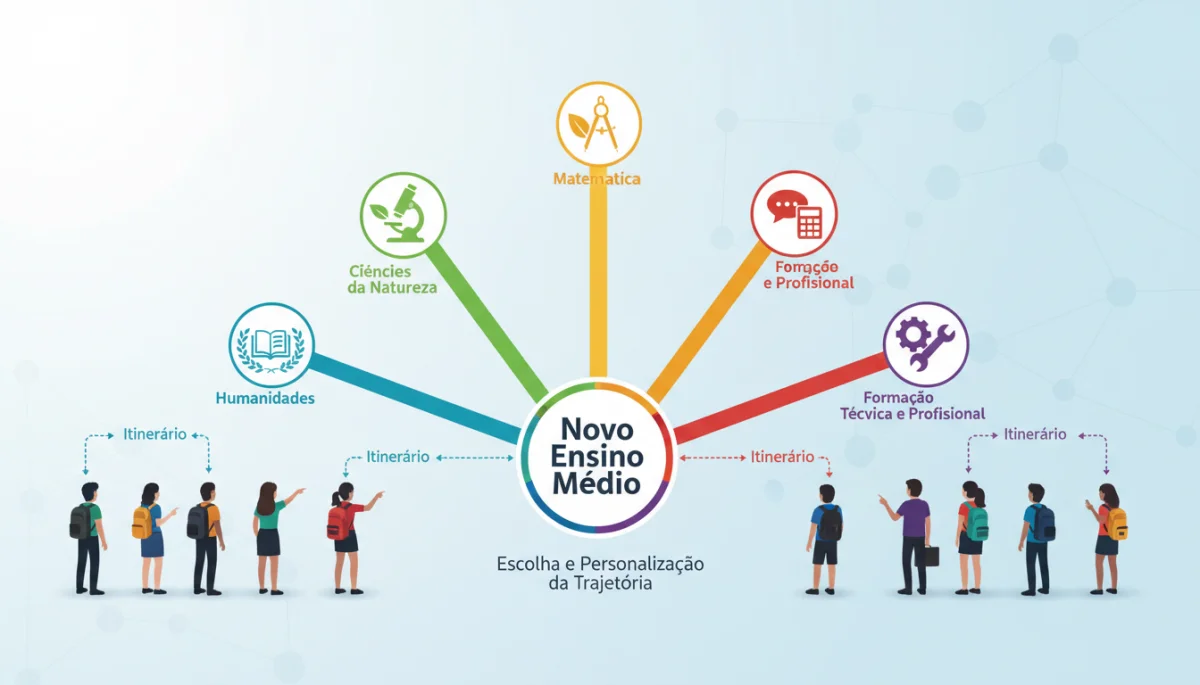 Diagrama ilustrando os diversos itinerários formativos disponíveis na nova estrutura do Ensino Médio.