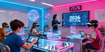 Alunos usando tablets e lousa digital em sala de aula futurista em 2026, com foco em novas tecnologias educacionais.