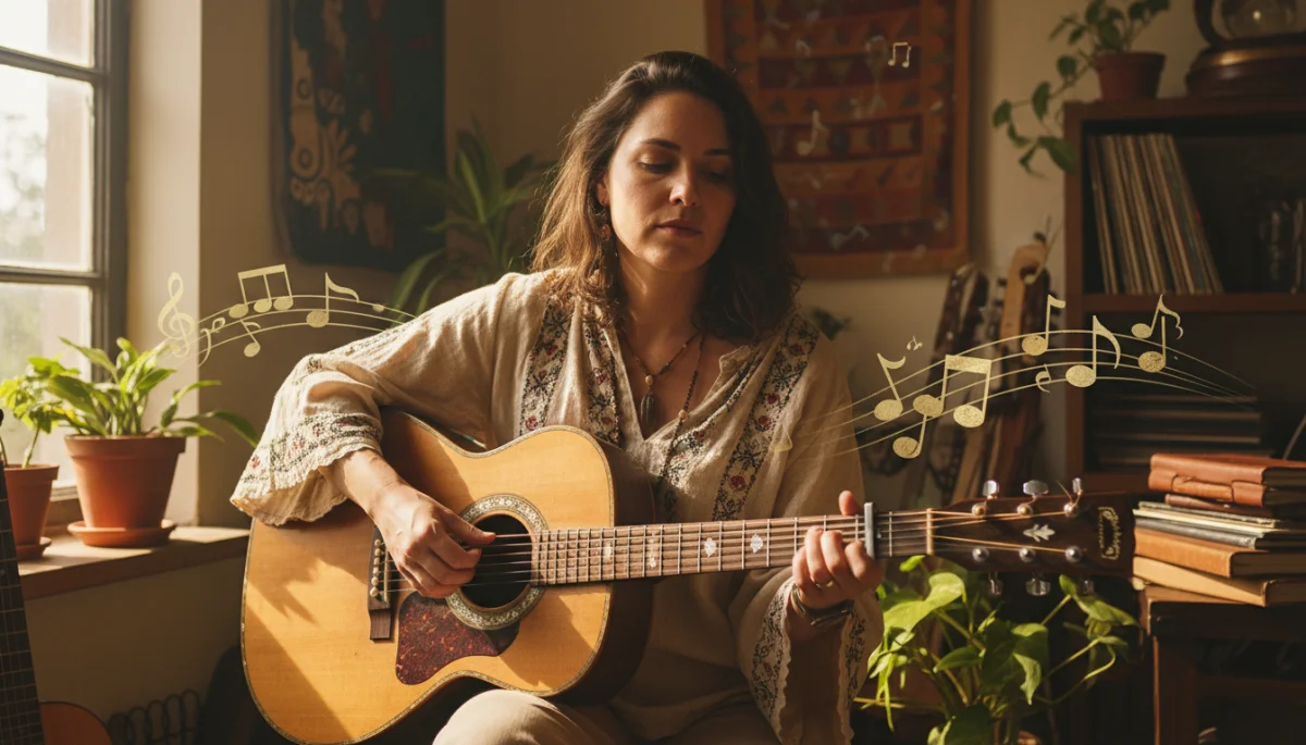 Cantora e compositora contemporânea de MPB, com violão em estúdio acolhedor.