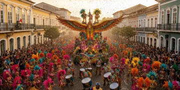 Pessoas fantasiadas e dançando em um carnaval de rua vibrante, com confetes e carros alegóricos, celebrando o carnaval fora de época no Brasil.
