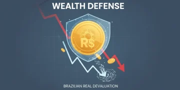 Gráfico estilizado da desvalorização do Real em 2026 com um escudo protetor simbolizando a segurança patrimonial.