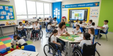 Crianças diversas em sala de aula inclusiva, com professor auxiliando e materiais adaptados no Brasil.