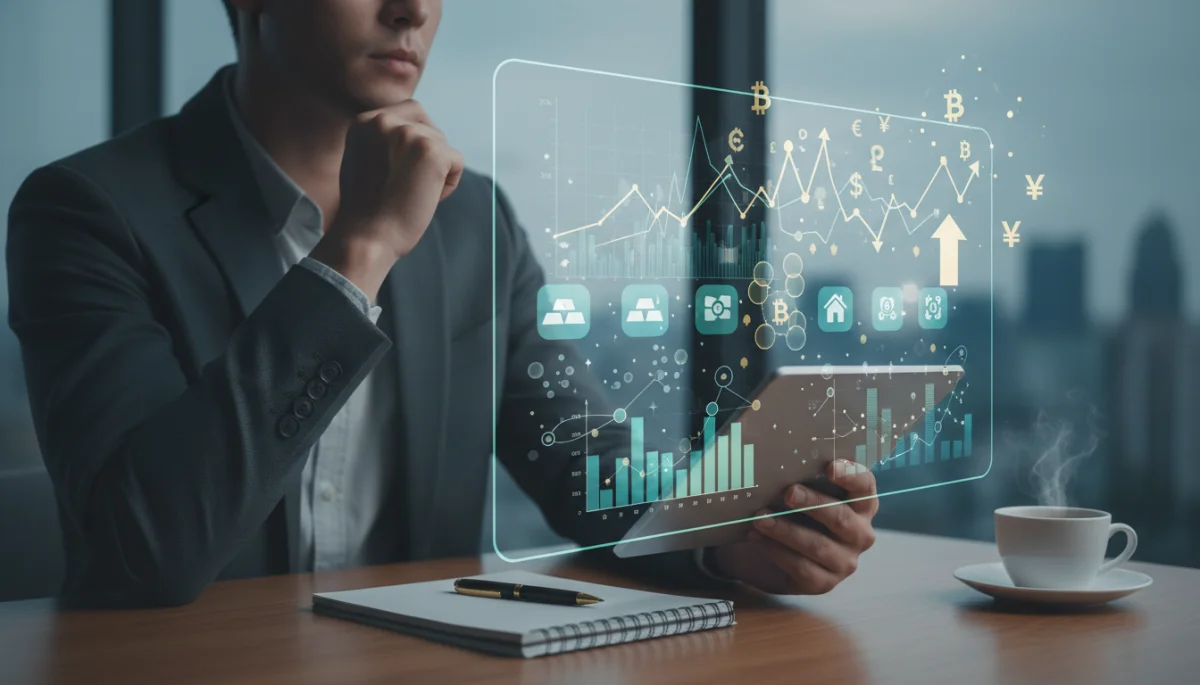 Pessoa analisando portfólio de investimentos diversificado em tablet, planejando a proteção patrimonial.
