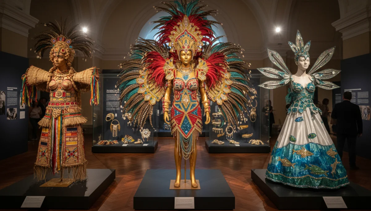 Detalhe de fantasias de escola de samba ricamente adornadas, exibindo a arte e a cultura do carnaval brasileiro.