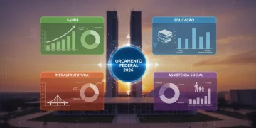Infográfico detalhado do Orçamento Federal 2026 com prioridades de gastos por setor, como saúde, educação e infraestrutura, sobreposto ao Congresso Nacional.