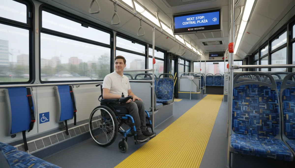 Interior de ônibus moderno com recursos de acessibilidade, incluindo espaço para cadeira de rodas.