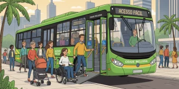 Pessoas diversas utilizando transporte público acessível e de qualidade em uma cidade brasileira.