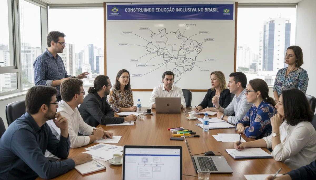 Educadores e formuladores de políticas em workshop, debatendo estratégias para educação inclusiva no Brasil.