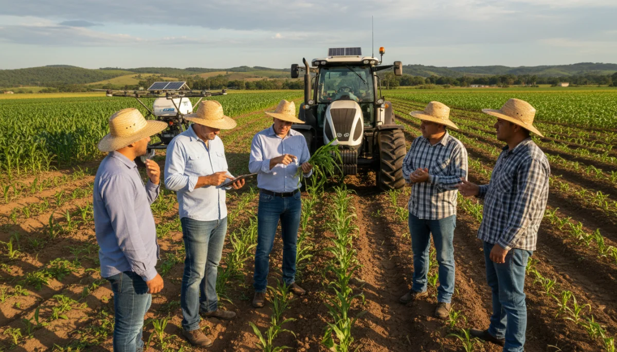 Agricultores brasileiros discutindo práticas sustentáveis e inovação no campo.