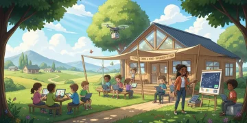 Alunos em área rural utilizando tecnologia para aprender, com professor auxiliando.