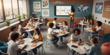 Alunos brasileiros engajados em uma sala de aula moderna, simbolizando as novas mudanças no currículo da educação básica.