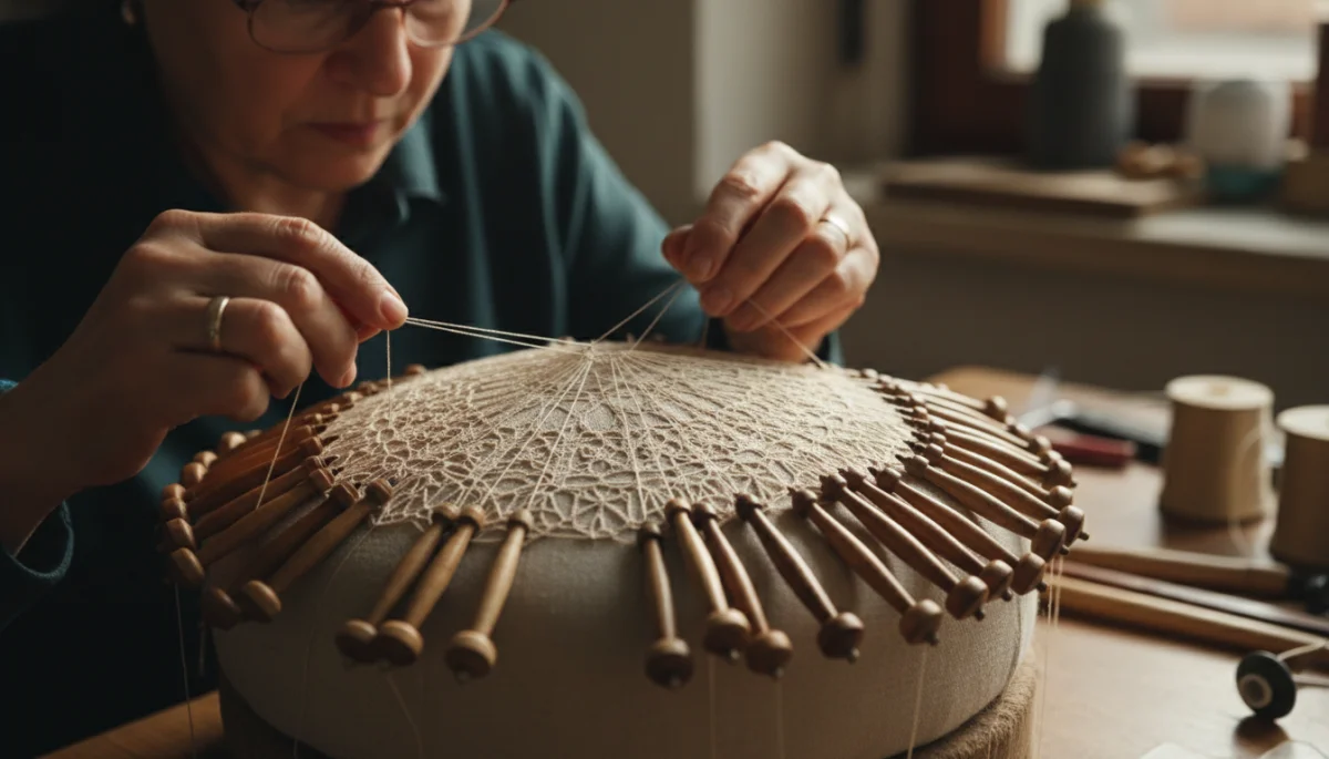 Mãos de artesã trabalhando com renda de bilro, demonstrando a delicadeza e a complexidade da técnica milenar.
