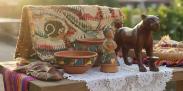 Variedade de peças do artesanato brasileiro, incluindo cerâmica, tecelagem, entalhe em madeira e renda, destacando a riqueza cultural e a diversidade de técnicas.
