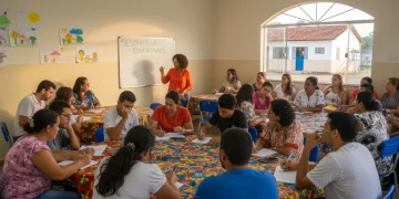 Pais e membros da comunidade engajados em reunião escolar no Brasil