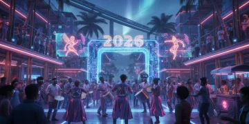 Músicos de samba em uma roda futurista, com projeções holográficas e luzes neon, simbolizando a inovação do gênero no Brasil em 2026.