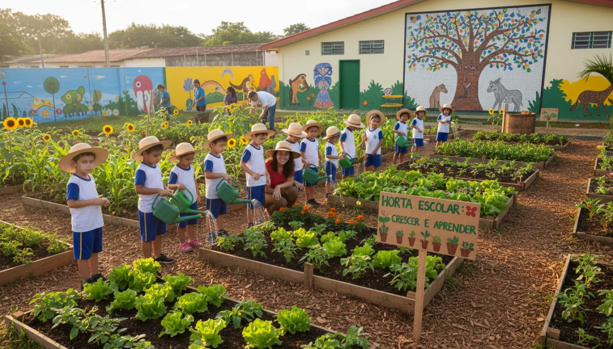 Horta escolar cultivada por alunos e comunidade