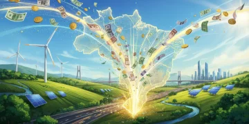 Fluxo de investimento estrangeiro direto para o Brasil, com elementos de energia renovável e agronegócio.