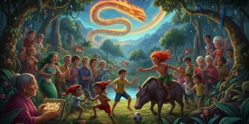 Pintura digital de personagens do folclore brasileiro interagindo com pessoas, representando a identidade cultural em 2026.