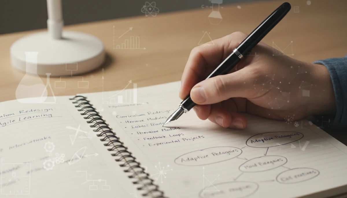 Mão escrevendo em caderno, simbolizando a adaptação e o aprendizado contínuo com as novas diretrizes curriculares.
