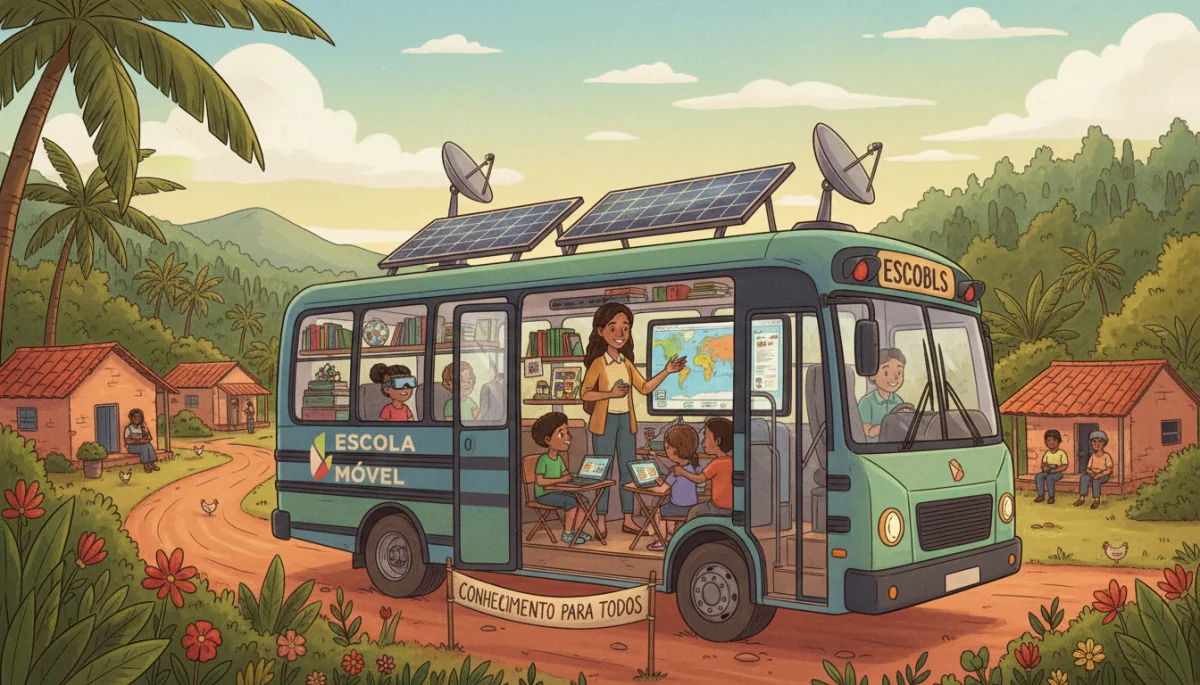 Unidade de ensino móvel em comunidade rural, levando educação a locais remotos.