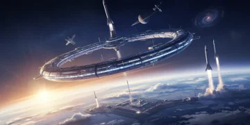 Futuristic space station and commercial rockets symbolizing 2026 federal space policy