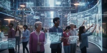 Futuristic urban scene showing diverse Americans interacting with 2026 technology, reshaping social bonds.