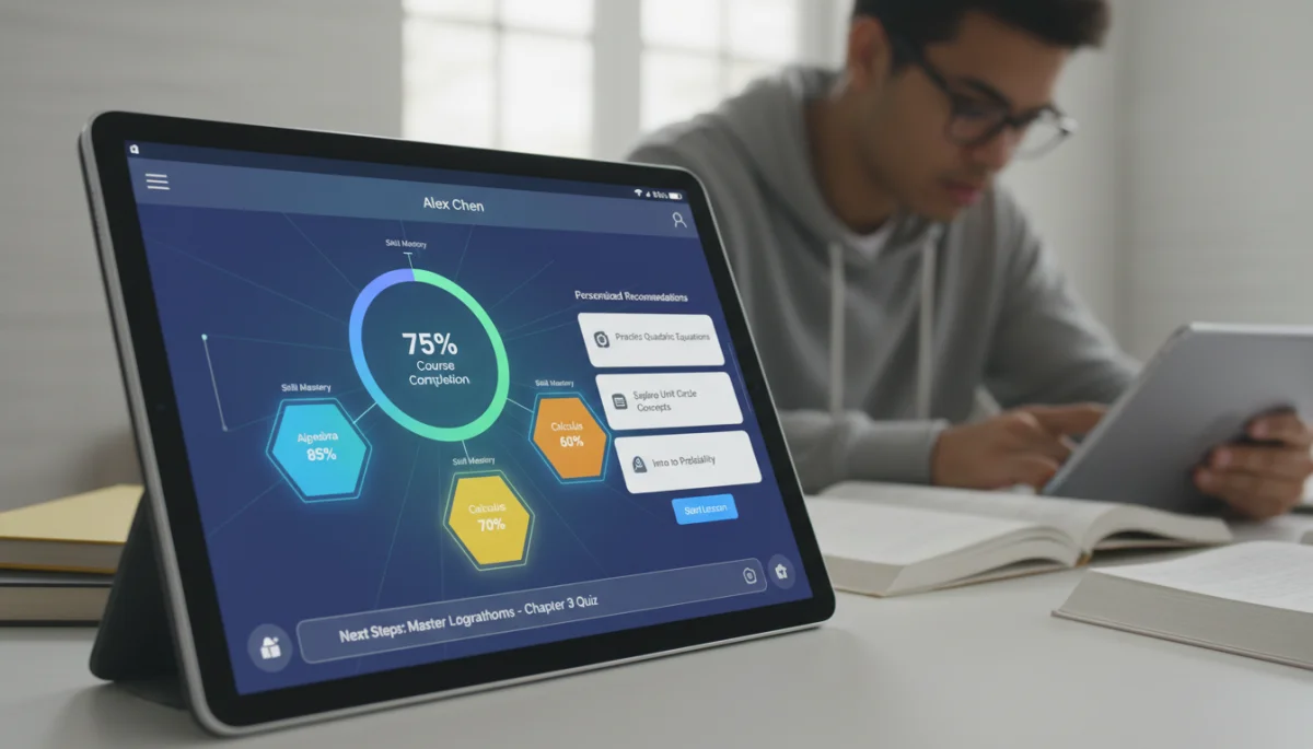 Adaptive learning platform interface showing student progress and personalized recommendations
