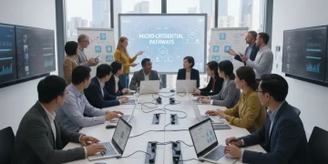 Adult learners engaged in a modern micro-credential program classroom