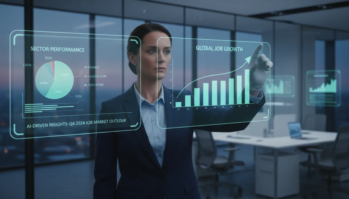 Professional analyzing AI-driven job market data on a holographic interface in an office.