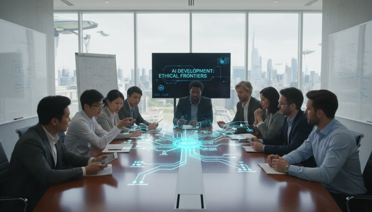 Experts collaborating on AI ethical guidelines and regulatory frameworks.
