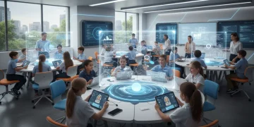 Students and teachers engaging with AI in a futuristic classroom
