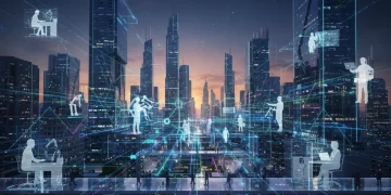 Futuristic cityscape with data flows and professional silhouettes, symbolizing AI's impact on the US labor market.